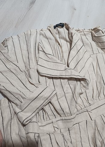 Kadın Bej Kemerli Uzun Keten Tulum - Görsel 4