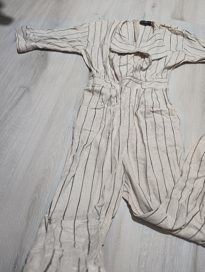 Kadın Bej Kemerli Uzun Keten Tulum - Görsel 2