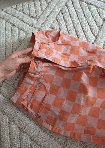 Turuncu Kareli Rahat Kesim Midi Kadın Kot Pantolon - Görsel 4