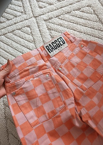 Turuncu Kareli Rahat Kesim Midi Kadın Kot Pantolon - Görsel 2