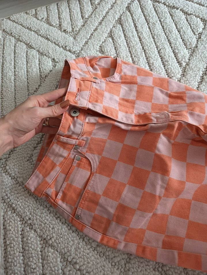 Turuncu Kareli Rahat Kesim Midi Kadın Kot Pantolon - Görsel 4