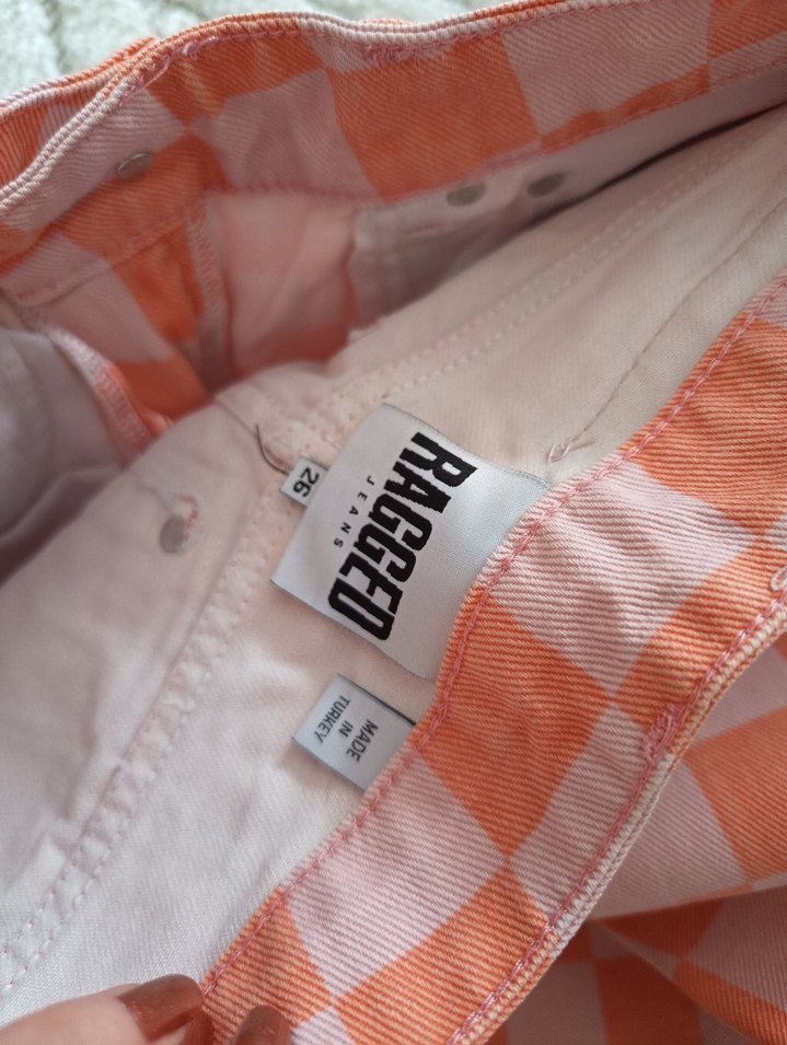 Turuncu Kareli Rahat Kesim Midi Kadın Kot Pantolon - Görsel 3