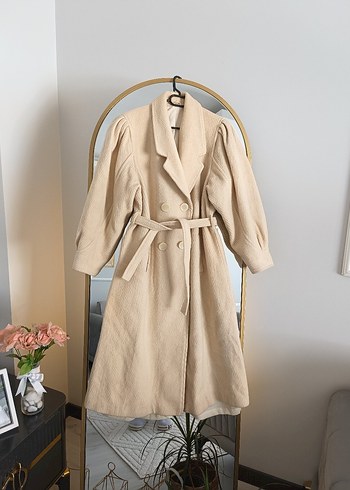 Bej Kemerli Modern Klasik Kadın Keten Kaban - Görsel 6