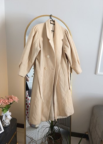 Bej Kemerli Modern Klasik Kadın Keten Kaban - Görsel 5