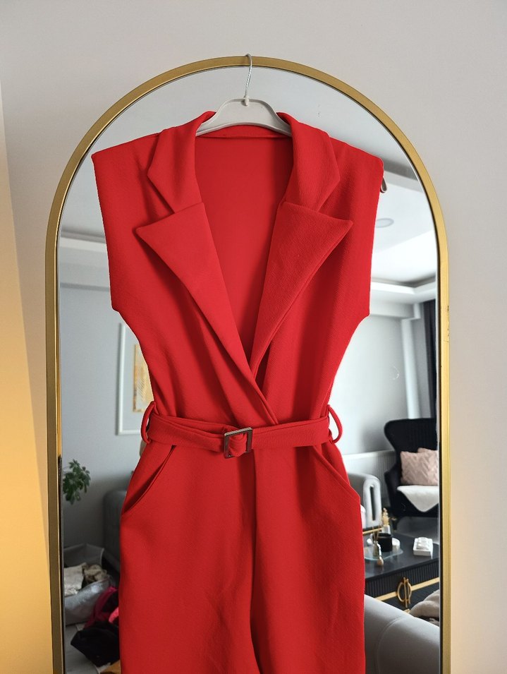 Kemerli Kırmızı Uzun Tulum - Görsel 4