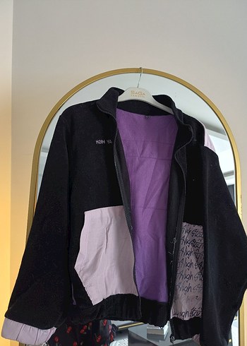 Mor Detaylı Siyah Kadın Street Wear Ceket - Görsel 3