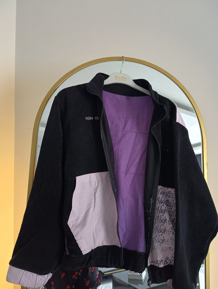 Mor Detaylı Siyah Kadın Street Wear Ceket - Görsel 3