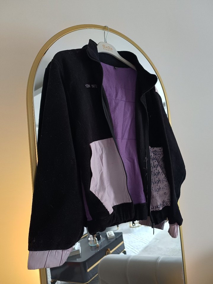 Mor Detaylı Siyah Kadın Street Wear Ceket - Görsel 2
