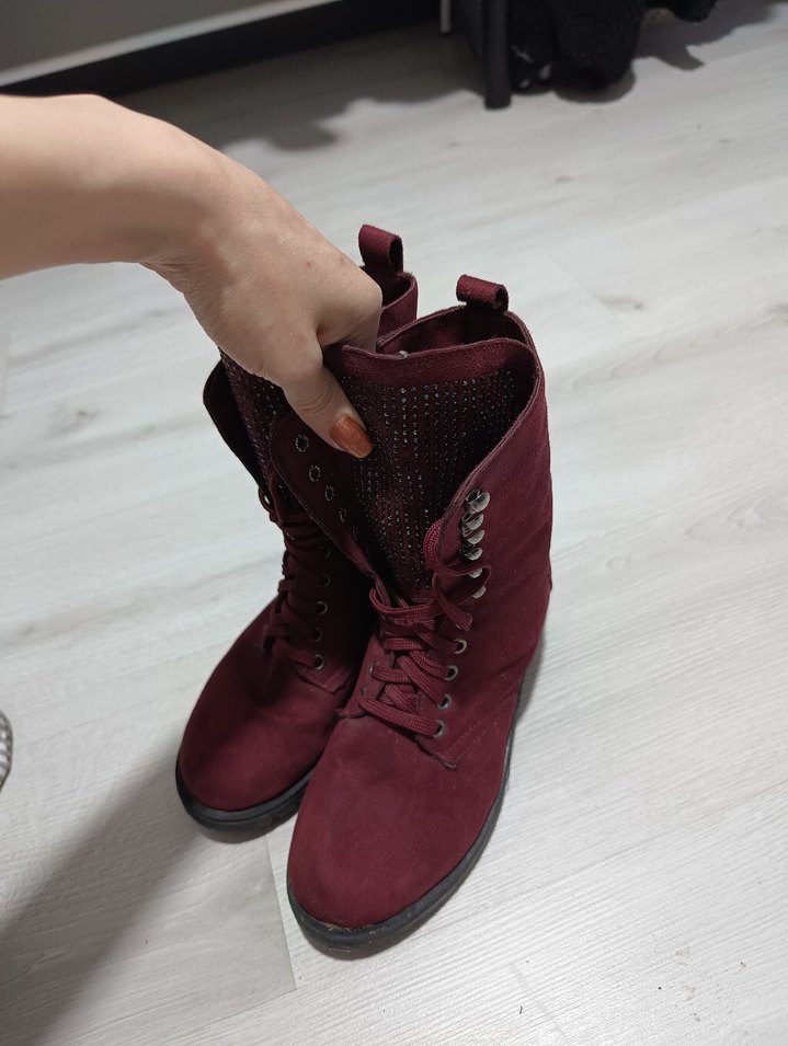 Bordo Süet Tokalı Kadın Bot - Görsel 4