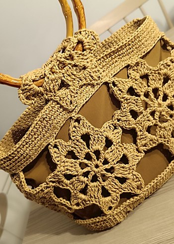 Bej Dantel Detaylı Örgü Bohem Kadın Çanta - Görsel 7