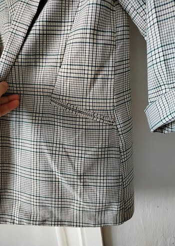 m Beden Gri Ekose Desenli Midi Kadın Blazer