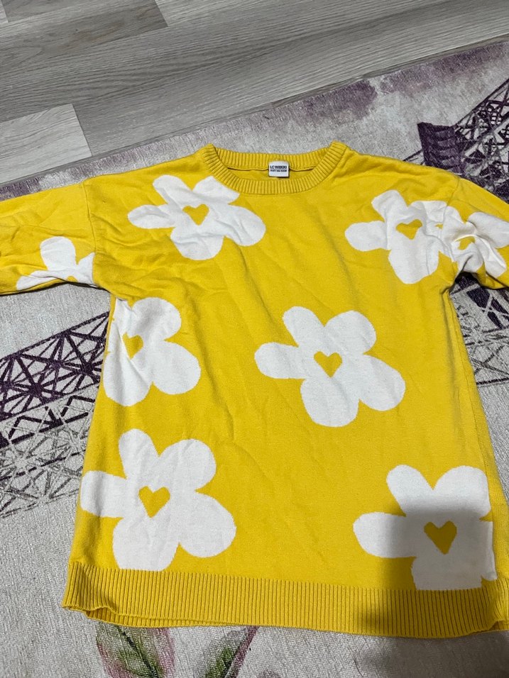 Kız Çocuk Sarı Çiçekli Uzun Kollu Triko Tişört - Görsel 2