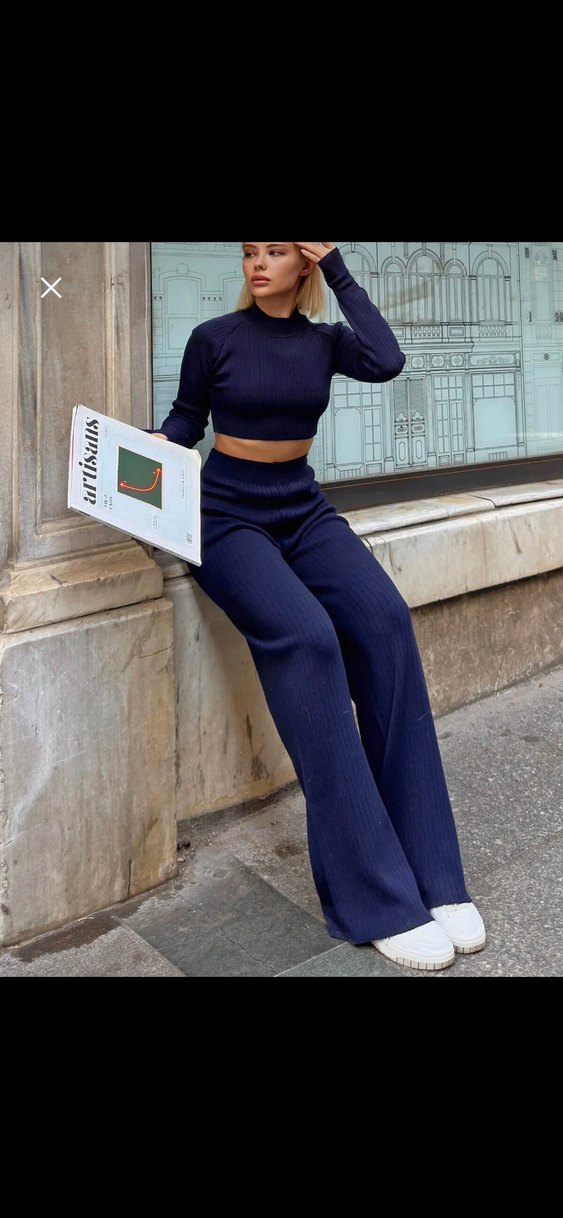 Kadın Lacivert Uzun Kollu Crop Üst ve Pantolon Takım - Görsel 2