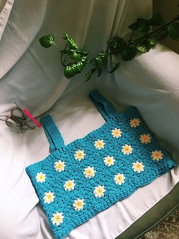 m Beden mavi Renk Papatya Motifli Crop Top