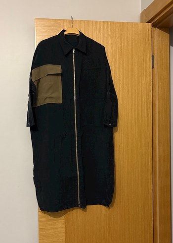 Siyah Uzun Keten Fermuarlı Ceket - Görsel 2