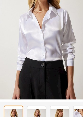 Kadın Beyaz V Yakalı Saten Gömlek - Görsel 2