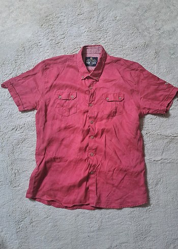 Mercan Rengi Kısa Kollu Keten Vintage Erkek Gömlek