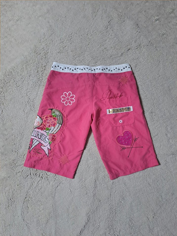 Dikişli ve Baskılı Pembe Vintage Deniz Şortu - Görsel 2