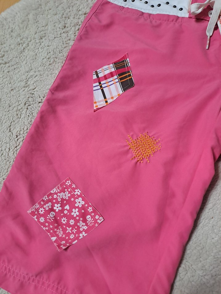 Dikişli ve Baskılı Pembe Vintage Deniz Şortu - Görsel 4