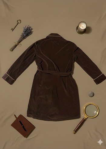 Vintage Fitilli Kadife Kahverengi Midi Boy Sabahlık/Röpteşambır - Görsel 2