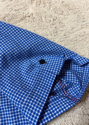 Vintage 2000s Mavi Kareli Kısa Kollu Slim Fit Gömlek - Görsel 7