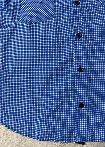 Vintage 2000s Mavi Kareli Kısa Kollu Slim Fit Gömlek - Görsel 6