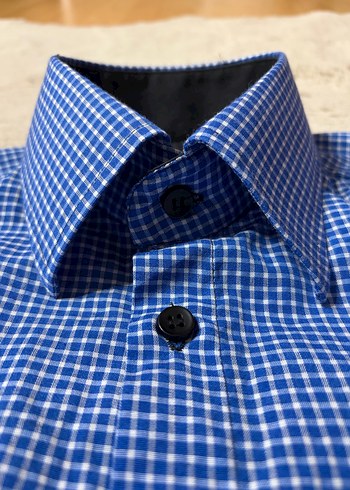 Vintage 2000s Mavi Kareli Kısa Kollu Slim Fit Gömlek - Görsel 5