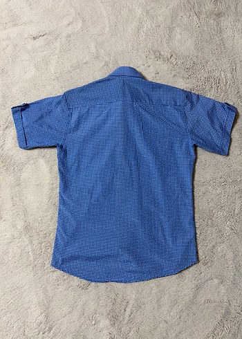 Vintage 2000s Mavi Kareli Kısa Kollu Slim Fit Gömlek - Görsel 3