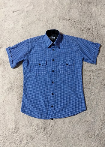 Vintage 2000s Mavi Kareli Kısa Kollu Slim Fit Gömlek - Görsel 2