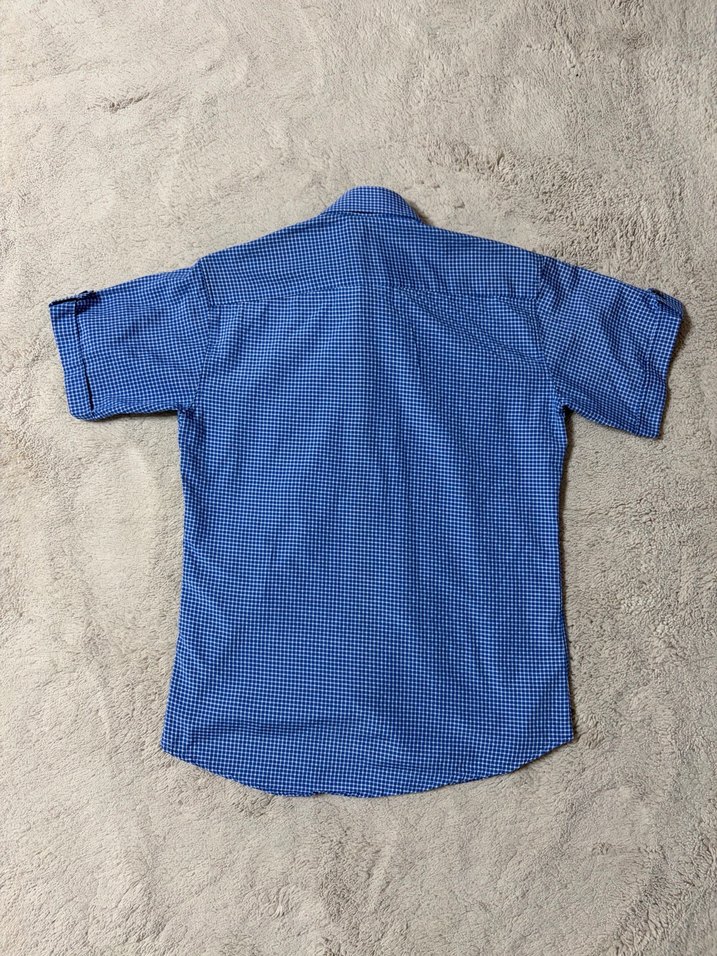 Vintage 2000s Mavi Kareli Kısa Kollu Slim Fit Gömlek - Görsel 3