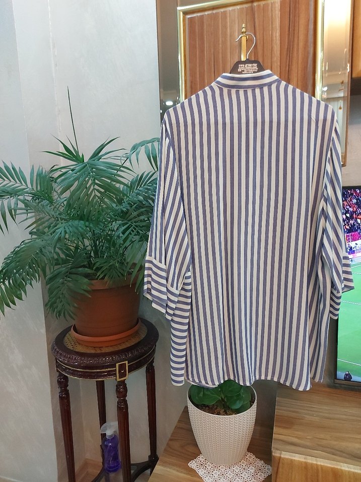 V Yaka Nakışlı  Çizgili Kadın Gömlek - Görsel 5