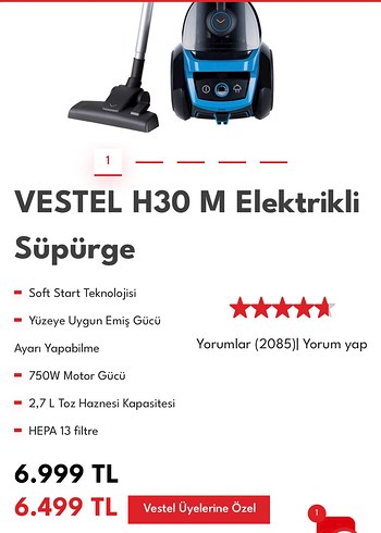 Vestel H30 M Toz Torbasız Mavi Elektrikli Süpürge - Görsel 3
