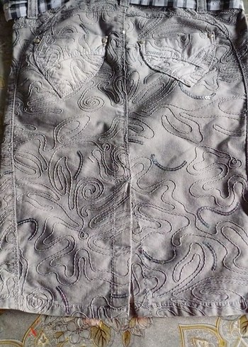 Nakışlı, Kemerli Gri Midi boy kot etek - Görsel 5