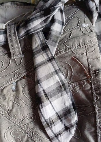 Nakışlı, Kemerli Gri Midi boy kot etek - Görsel 3