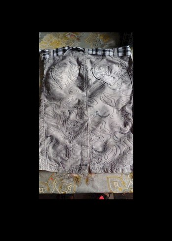 Nakışlı, Kemerli Gri Midi boy kot etek - Görsel 6