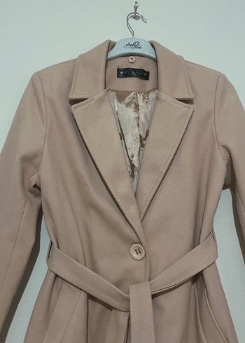 Bej Süet Kadın Kemerli Uzun Ceket - Görsel 2