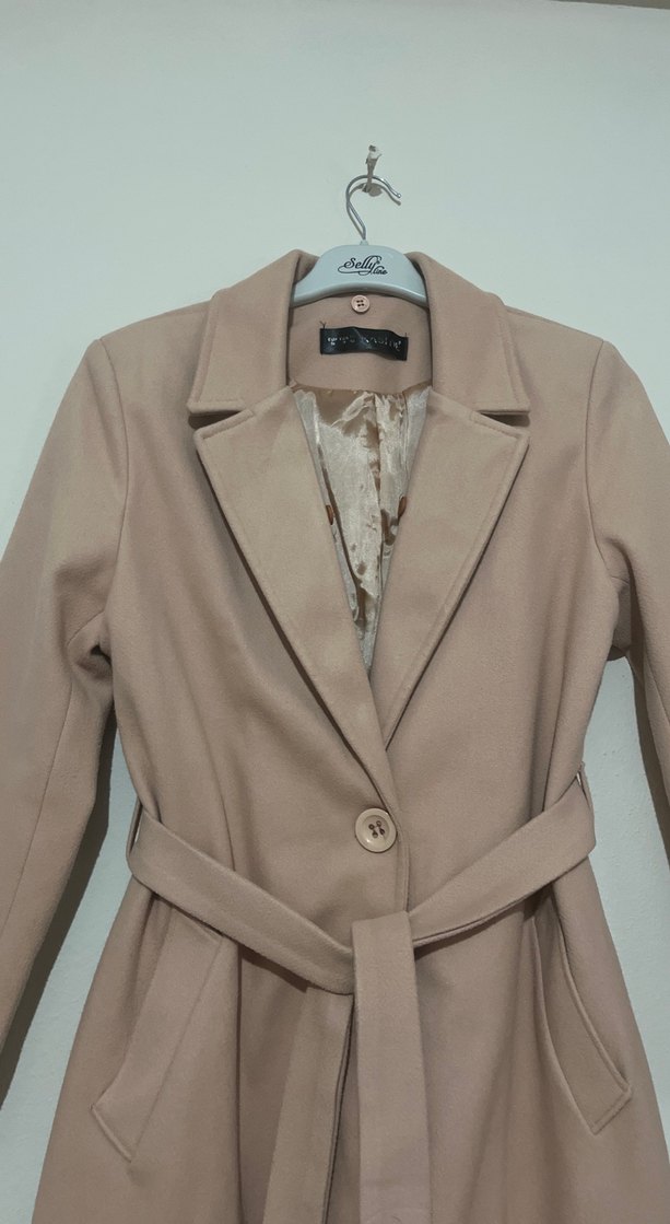 Bej Süet Kadın Kemerli Uzun Ceket - Görsel 2