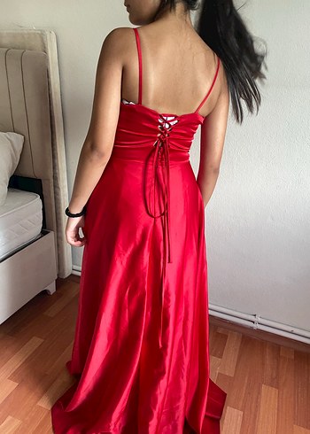 Abiye Kırmızı Drapeli Uzun Abiye Elbise