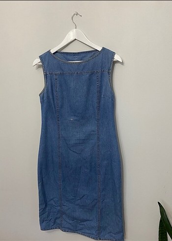 Bisiklet Yaka Kolsuz Mavi Denim Midi Elbise