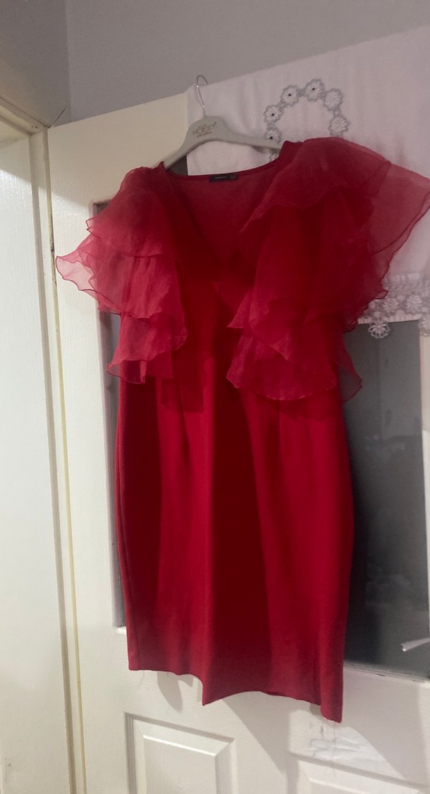 Kırmızı Fırfırlı Midi Kadın Abiye Elbise - Görsel 2