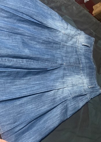 Kadın Mavi Pileli Midi Kot Etek - Görsel 2