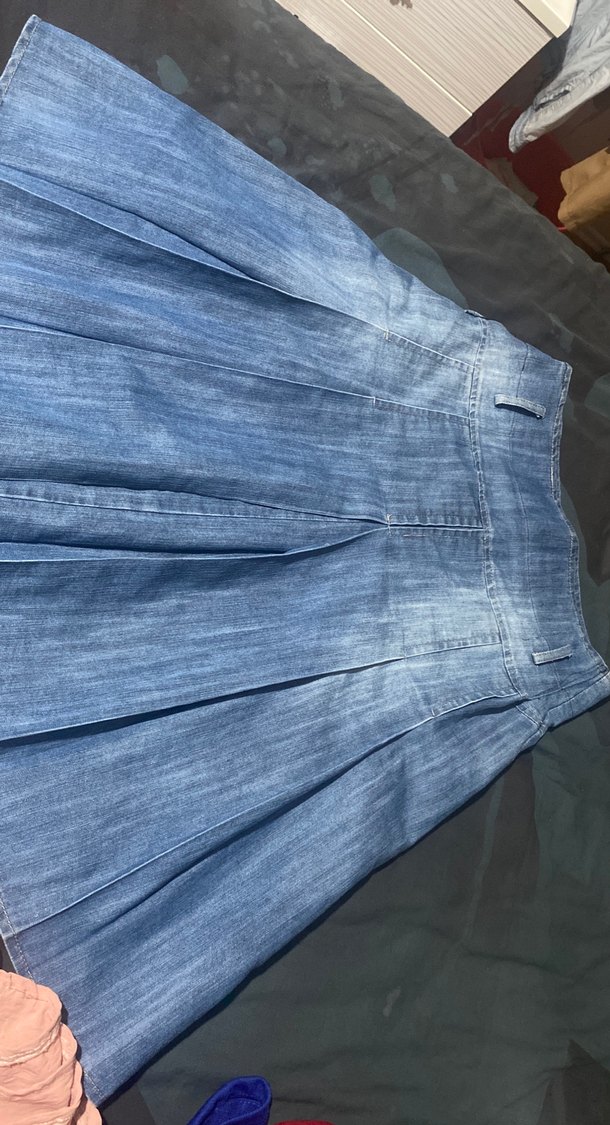 Kadın Mavi Pileli Midi Kot Etek - Görsel 2