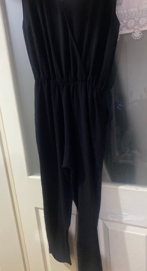 Siyah Uzun, Kolsuz, V Yaka Drapeli Tulum - Görsel 3