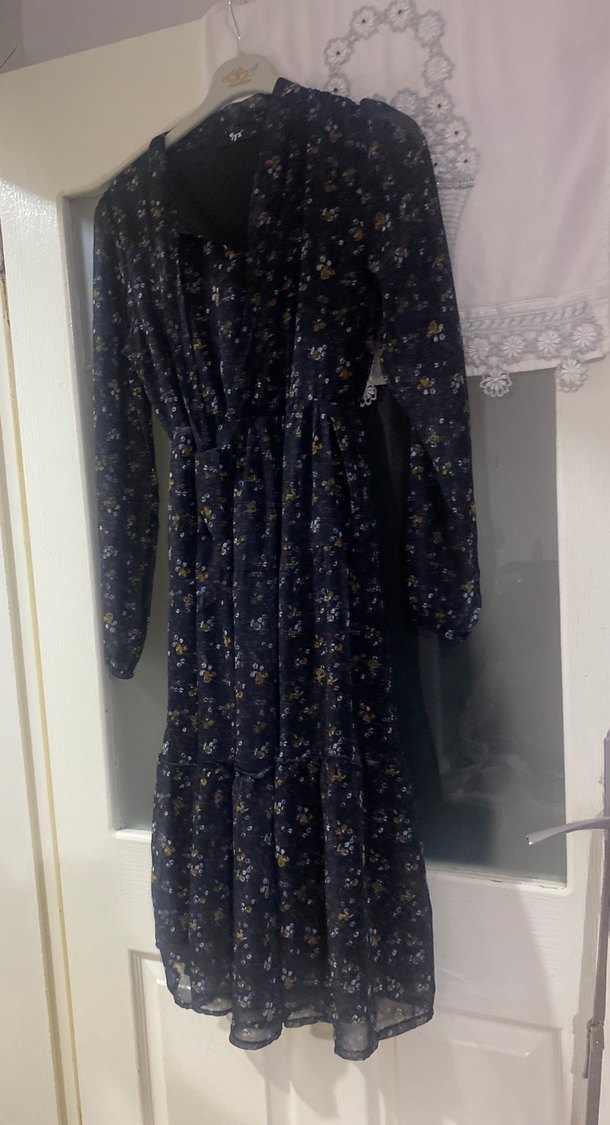 Uzun Kol, V Yakalı Mavi Bohem Elbise - Görsel 2