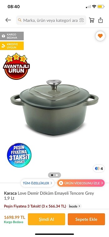 Karaca Kalpli Gri Döküm Tencere