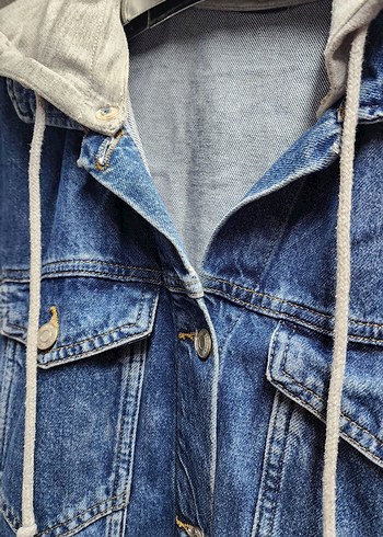 Kadın Uzun Mavi Kot Ceket Kapüşonlu - Görsel 2