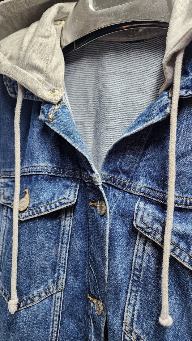 Kadın Uzun Mavi Kot Ceket Kapüşonlu - Görsel 2