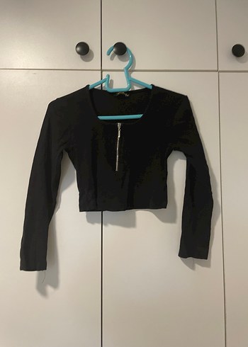 Fermuarlı Siyah Uzun Kollu Crop Top - Görsel 4