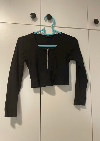 Fermuarlı Siyah Uzun Kollu Crop Top - Görsel 3