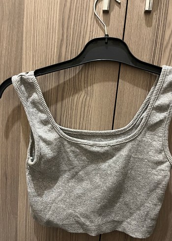 Gri Keten Kolsuz Crop Top - Görsel 2